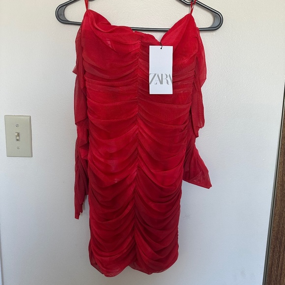 Zara Ruched Tulle Corset Dress - Beige-Red - Size M - NWT - Picture 2 of 5